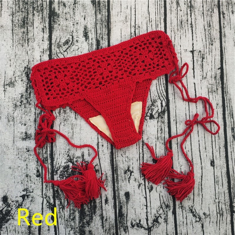 15 Color Women Openwork Mediterranean Grid Crochet Shorts Bikini Bottom Tassel Casual Beach Bandage Hot Pants Sunset and Swim Red S 