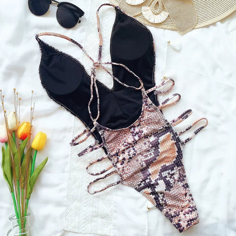 Snake Print V Neck Strappy Swimsuit