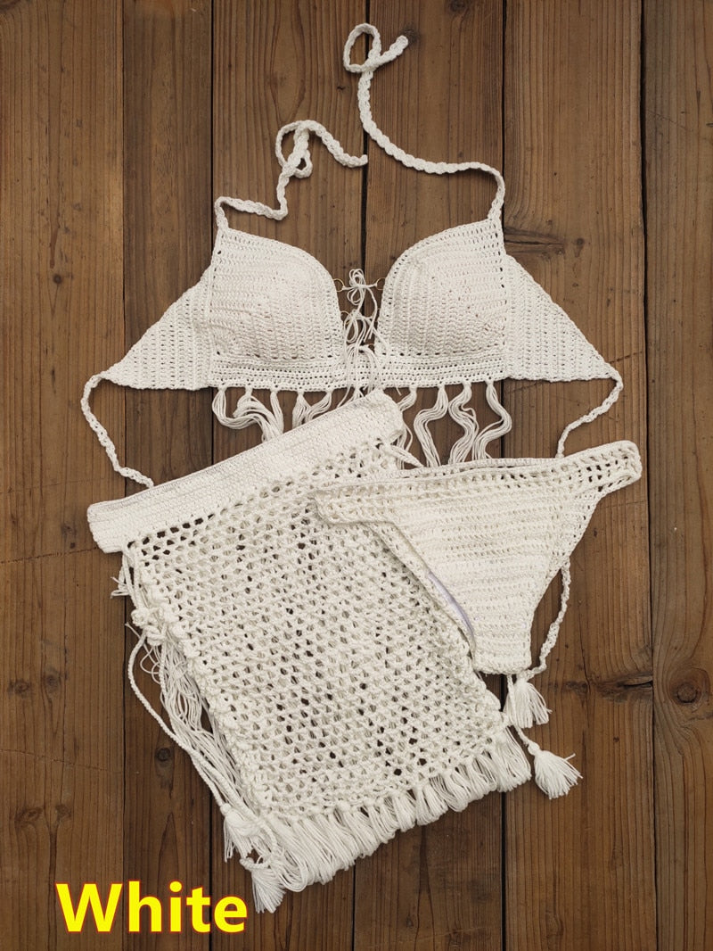 Bohemian Breeze 3-Piece Crochet Bikini Set with Tassel Skirt  Sunset and Swim 3 piece set White One Size 