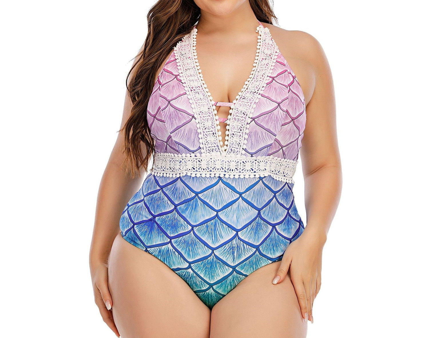 Siren's Elegance Plunge Plus Size V Neck Mermaid Swimsuit  Sunset and Swim   