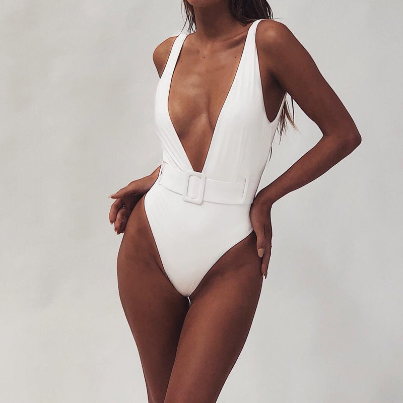 Luminescent Waves Belted Plunge Neon One Piece Swimsuit