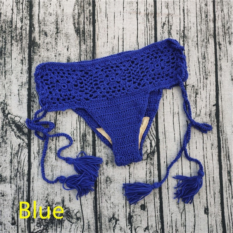 15 Color Women Openwork Mediterranean Grid Crochet Shorts Bikini Bottom Tassel Casual Beach Bandage Hot Pants Sunset and Swim Blue S 