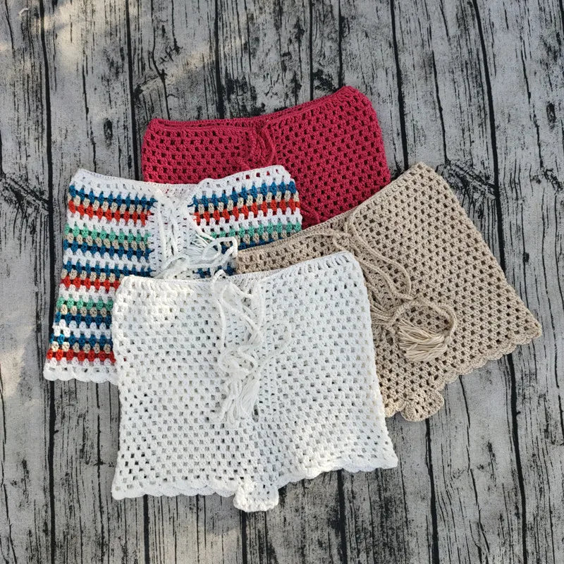 Seaside Whispers Boho Crochet Shorts Sunset and Swim   