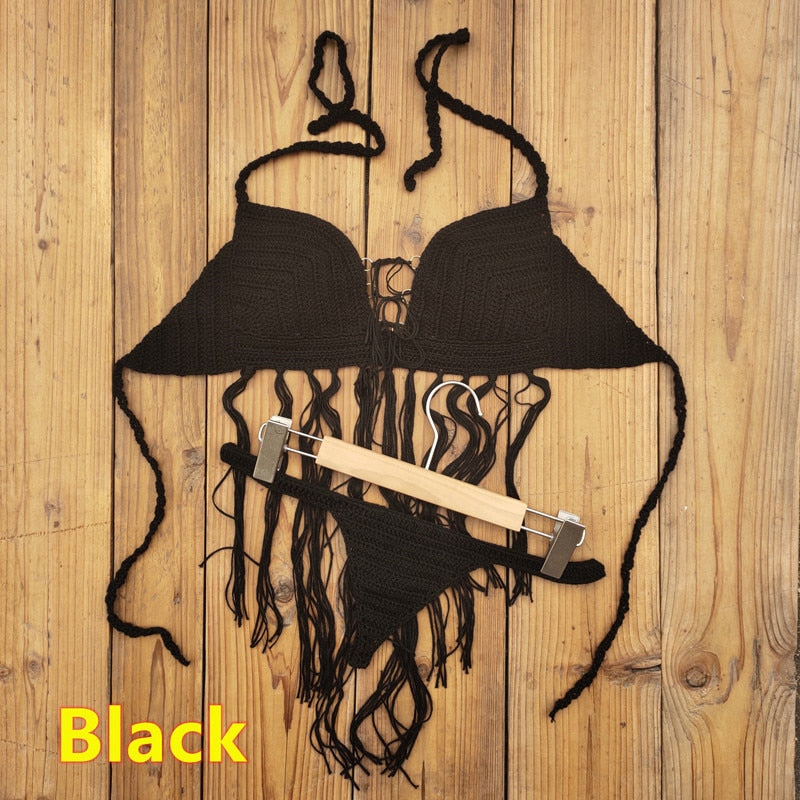 Bohemian Breeze 3-Piece Crochet Bikini Set with Tassel Skirt  Sunset and Swim Black Set 1 One Size 