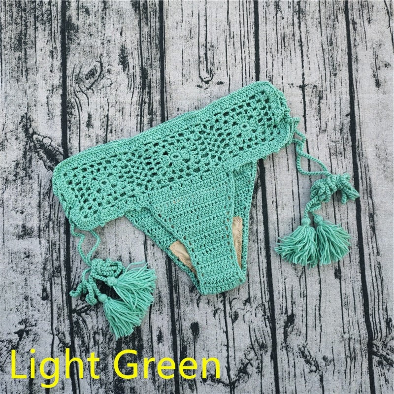 15 Color Women Openwork Mediterranean Grid Crochet Shorts Bikini Bottom Tassel Casual Beach Bandage Hot Pants Sunset and Swim Light Green S 