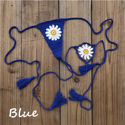Sweet Sunflower Crochet Micro Thong String Bikini Bottom  Sunset and Swim Blue S 