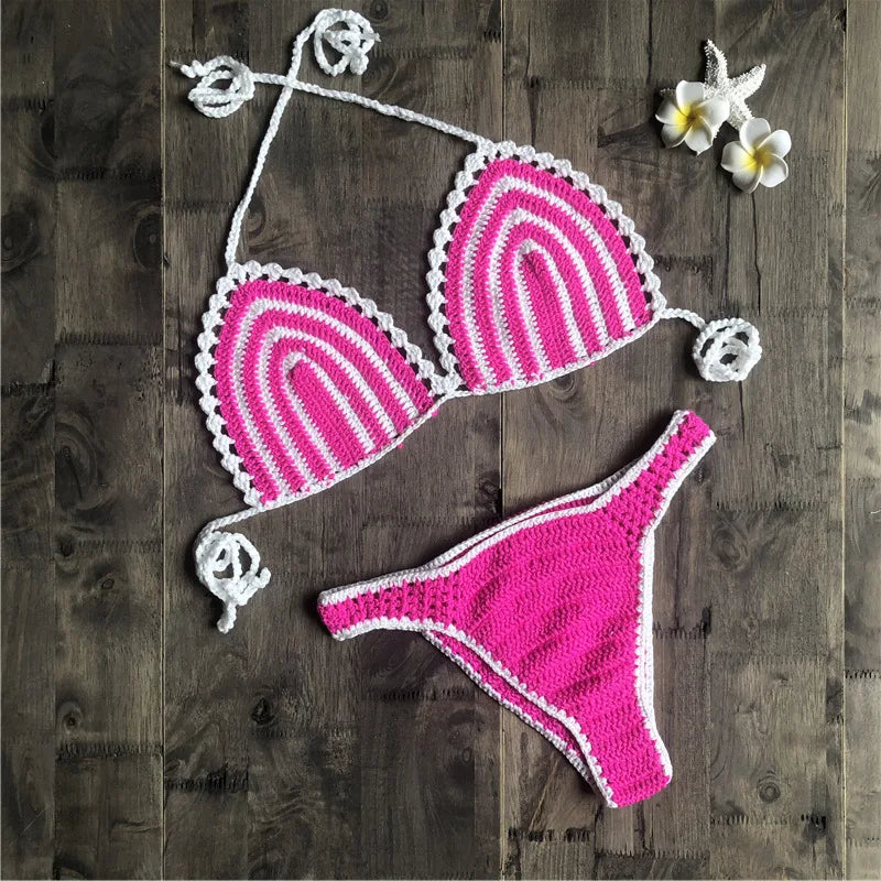 Paradise Perfection Crochet Triangle Bikini Pink Set  Sunset and Swim   