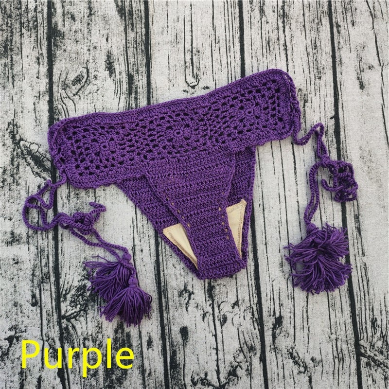 15 Color Women Openwork Mediterranean Grid Crochet Shorts Bikini Bottom Tassel Casual Beach Bandage Hot Pants Sunset and Swim Purple S 