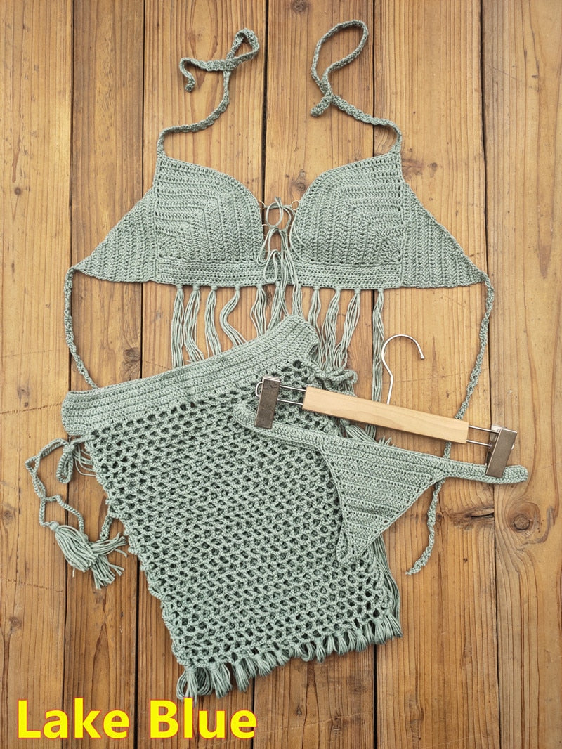 Bohemian Breeze 3-Piece Crochet Bikini Set with Tassel Skirt  Sunset and Swim 3piece Lake Blue One Size 