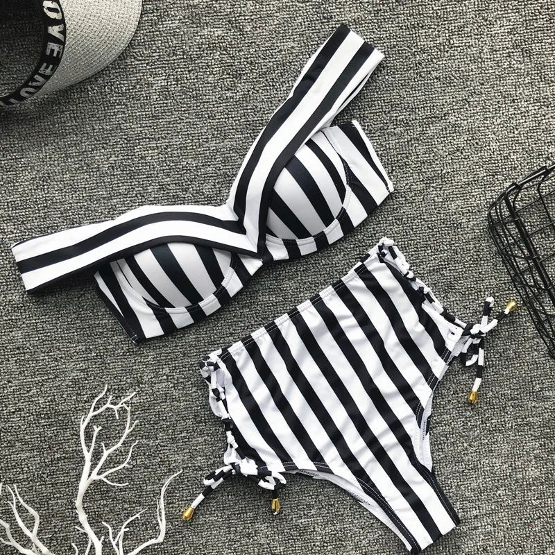 Summertime Sensation Striped High Waisted Cut Out Lace Up Tie Side Bikini  Sunset and Swim   