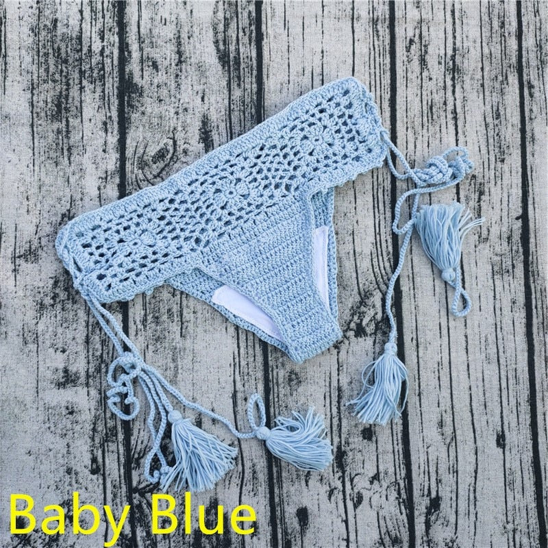 15 Color Women Openwork Mediterranean Grid Crochet Shorts Bikini Bottom Tassel Casual Beach Bandage Hot Pants Sunset and Swim baby blue S 