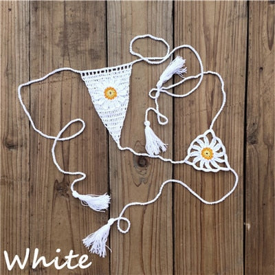 Sweet Sunflower Crochet Micro Thong String Bikini Bottom  Sunset and Swim White S 