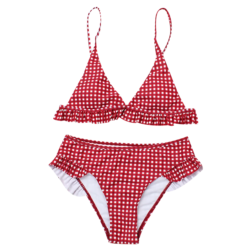 Summer New Plaid Sexy Bikini Set Push Up Ruffles Padded Swimwear Bikini Women Bathing Suit Beachwear Swimming Suit Set Sunset and Swim   