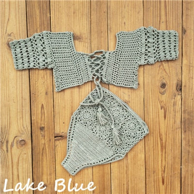 Exclusive Bohemian Handmade High Waist Bikini Set Sunset and Swim Lake Blue S 