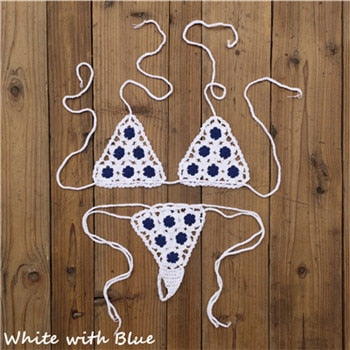 Crochet See Through Micro Extreme Mini String Bikini  Sunset and Swim White/Blue One Size 