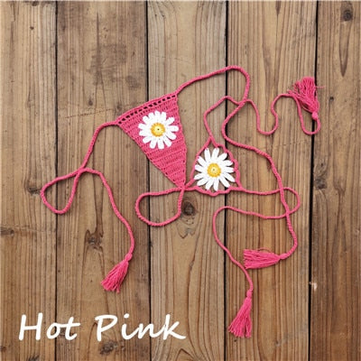 Sweet Sunflower Crochet Micro Thong String Bikini Bottom  Sunset and Swim Hot Pink S 