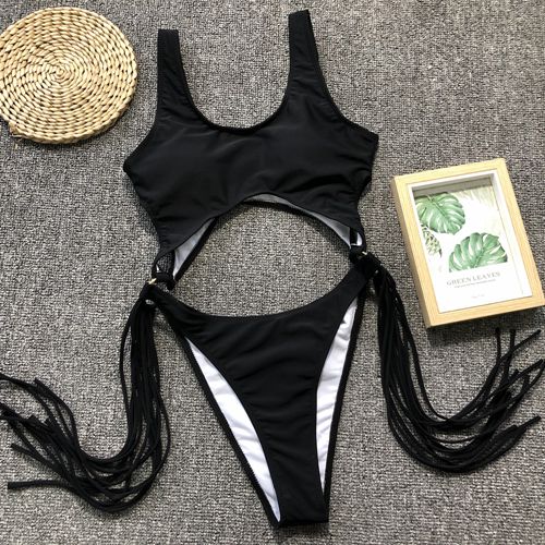 Tassel Dreams Underboob High Cut Out Swimsuit  Sunset and Swim Black S 