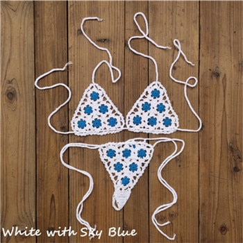 Crochet See Through Micro Extreme Mini String Bikini  Sunset and Swim White/Sky Blue 2 One Size 