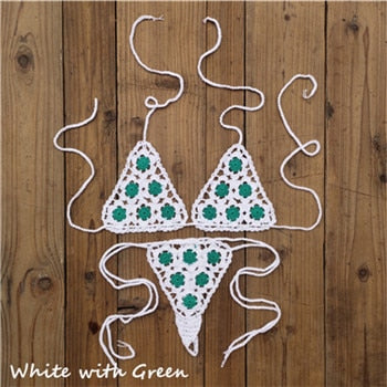 Crochet See Through Micro Extreme Mini String Bikini  Sunset and Swim White/Green One Size 