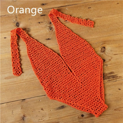 See Through Deep Plunge Boho Crochet One Piece Swimsuit  Sunset and Swim Orange One Size 