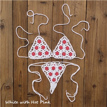 Crochet See Through Micro Extreme Mini String Bikini  Sunset and Swim White/Hot Pink One Size 