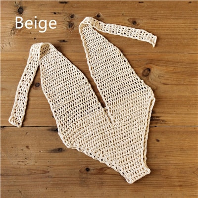 See Through Deep Plunge Boho Crochet One Piece Swimsuit  Sunset and Swim Beige One Size 