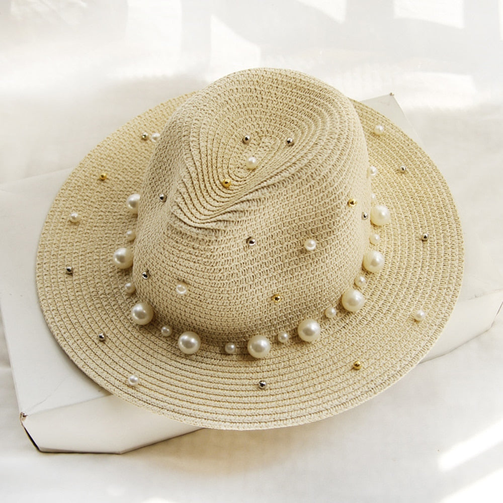 Pearl Beach Elegance Summer Straw Sun Hat  Sunset and Swim White 56-58cm 