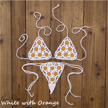 Crochet See Through Micro Extreme Mini String Bikini  Sunset and Swim White/Orange One Size 
