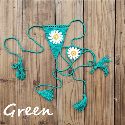 Sweet Sunflower Crochet Micro Thong String Bikini Bottom  Sunset and Swim Green S 
