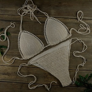 Handmade Sun-Kissed Crochet Boho Bikini  Sunset and Swim Beige S 