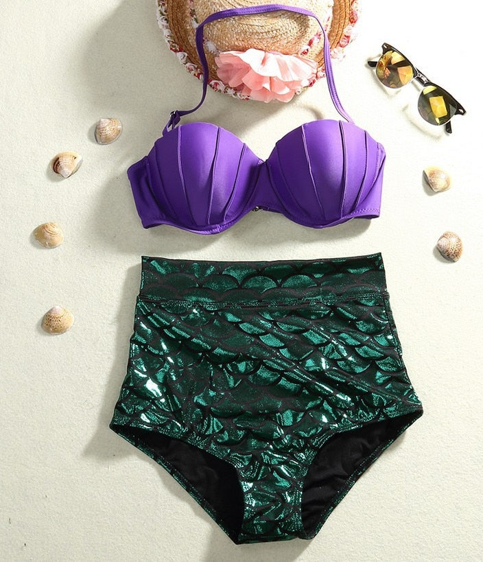 Princess of the Sea Plus Size Mermaid High Waist Bikini  Sunset and Swim Purple / Green S 