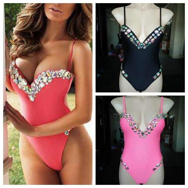 Luxe Vacation Crystal Rhinestone Swimsuit Sunset and Swim Blue L 