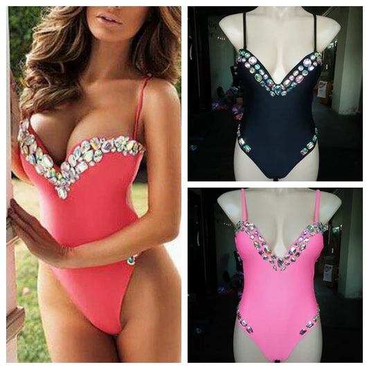 Luxe Vacation Crystal Rhinestone Swimsuit  Sunset and Swim Blue L 
