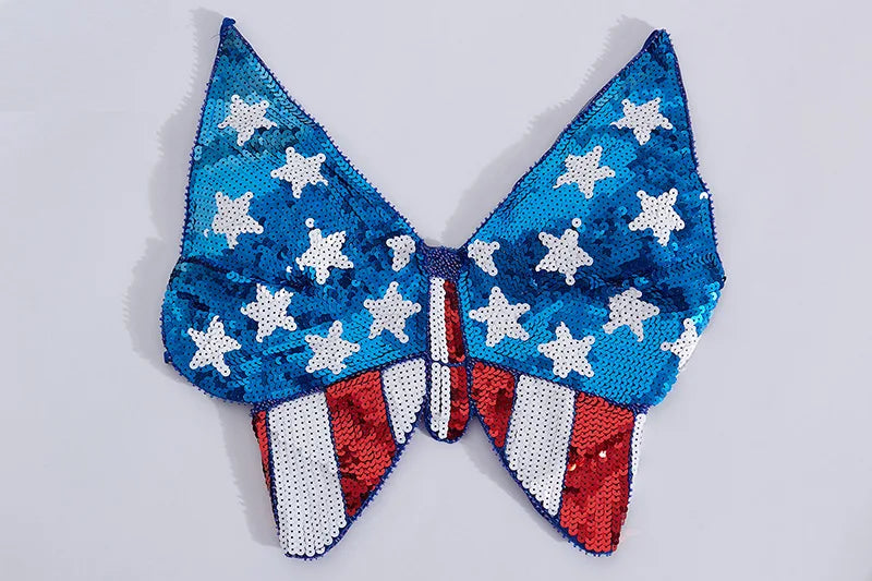 American USA Flag Butterfly Halter V-Neck Sequin Crop Top Sunset and Swim   