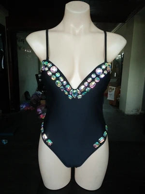 Luxe Vacation Crystal Rhinestone Swimsuit Sunset and Swim Black S 