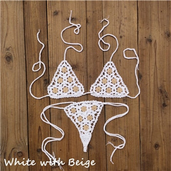 Crochet See Through Micro Extreme Mini String Bikini  Sunset and Swim White/Beige One Size 