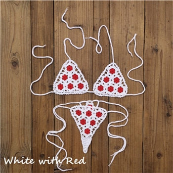 Crochet See Through Micro Extreme Mini String Bikini  Sunset and Swim White/Red One Size 