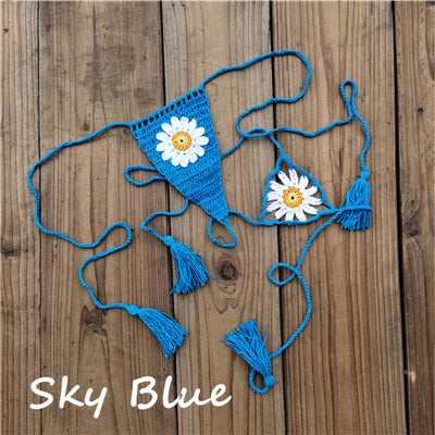 Sweet Sunflower Crochet Micro Thong String Bikini Bottom  Sunset and Swim Sky Blue S 
