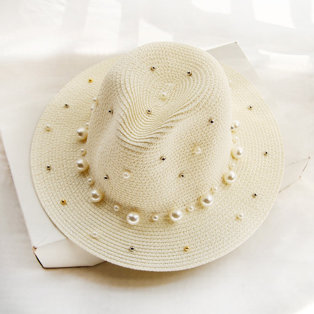 Pearl Beach Elegance Summer Straw Sun Hat  Sunset and Swim Cream 56-58cm 