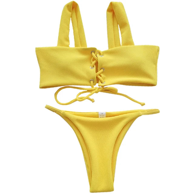 Malibu Lace Up Bikini Set Sunset and Swim Bright Yellow M 