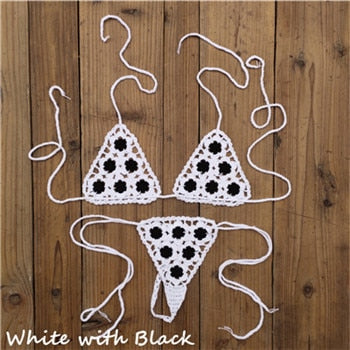 Crochet See Through Micro Extreme Mini String Bikini  Sunset and Swim White/Black One Size 