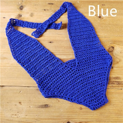 See Through Deep Plunge Boho Crochet One Piece Swimsuit  Sunset and Swim Blue One Size 