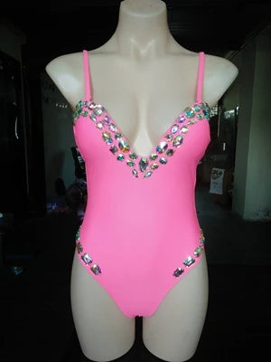 Luxe Vacation Crystal Rhinestone Swimsuit Sunset and Swim Pink L 