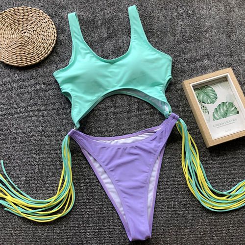 Tassel Dreams Underboob High Cut Out Swimsuit  Sunset and Swim Green S 