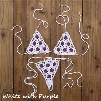 Crochet See Through Micro Extreme Mini String Bikini  Sunset and Swim White/Purple One Size 