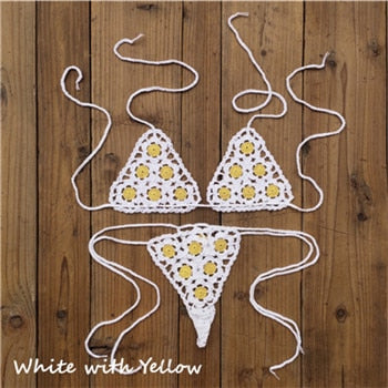 Crochet See Through Micro Extreme Mini String Bikini  Sunset and Swim White/Yellow One Size 