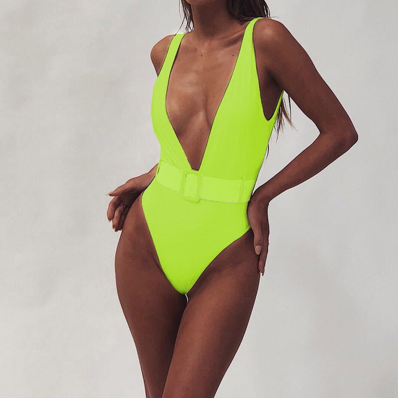 Luminescent Waves Belted Plunge Neon One Piece Swimsuit  Sunset and Swim Neon Green S 