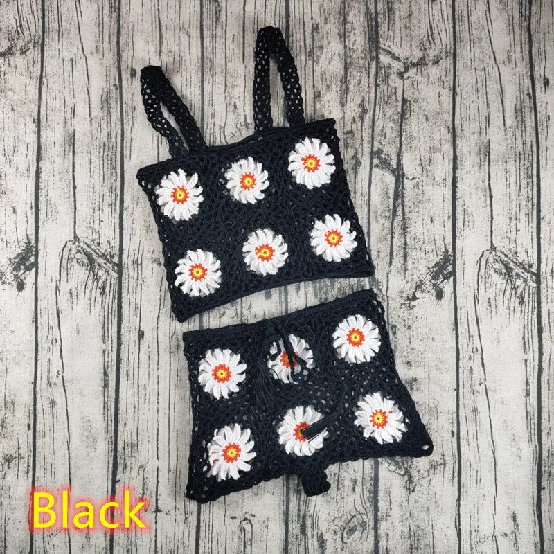 Sunflower Stunner Handmade Boho Crochet Shorts Set Sunset and Swim Black Set S 