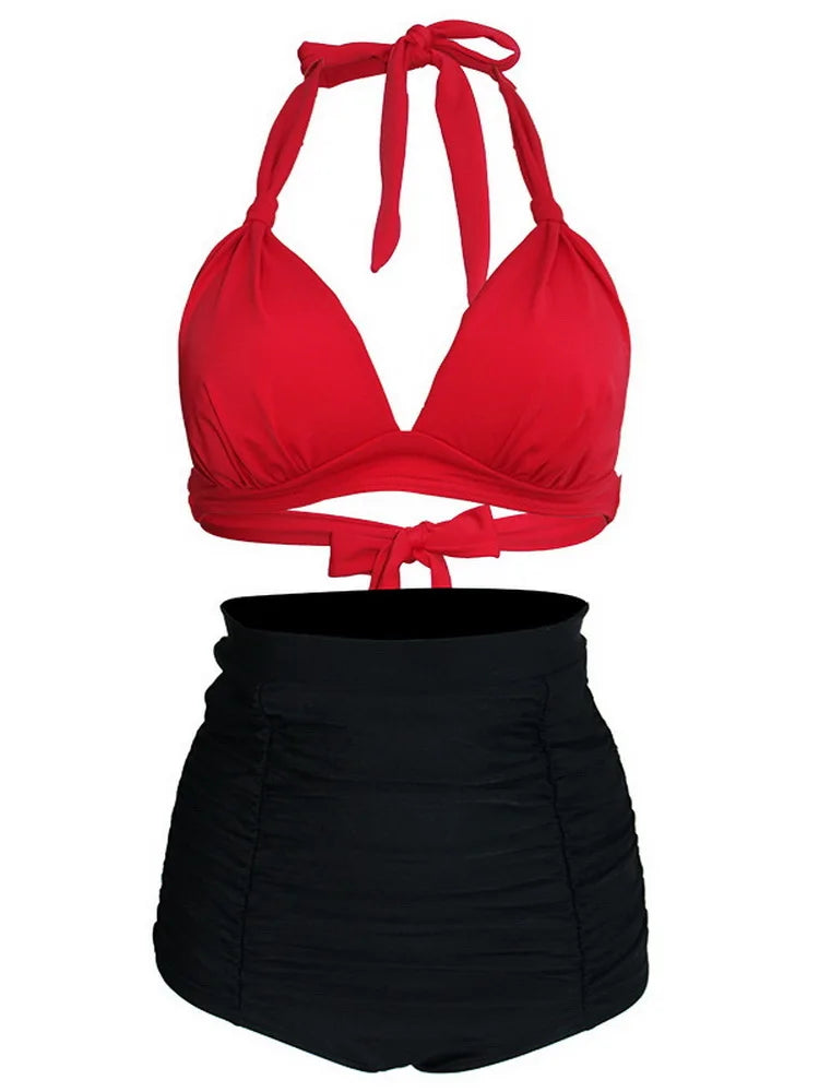 Retro Queen Halter High Waist Bikini Sunset and Swim Red/Black XL 