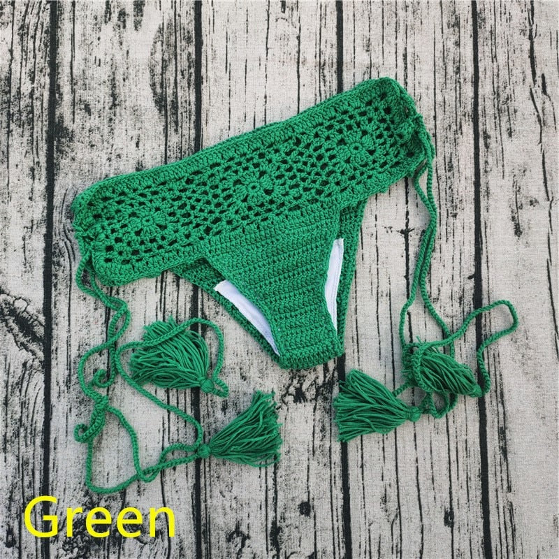 15 Color Women Openwork Mediterranean Grid Crochet Shorts Bikini Bottom Tassel Casual Beach Bandage Hot Pants Sunset and Swim Green S 